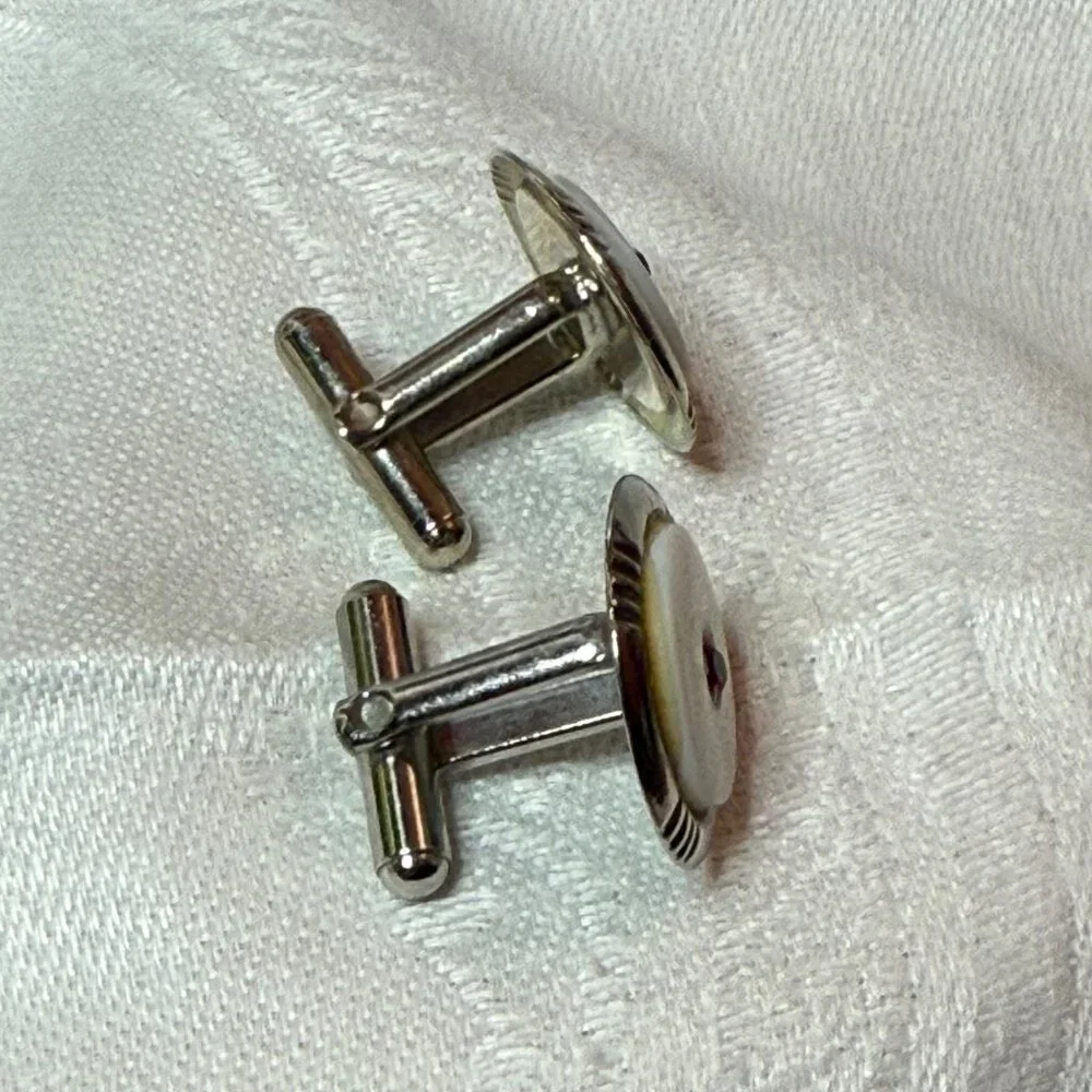 Vintage Silver-Tone Cuff Links Round White Lucite Red Rhinestone